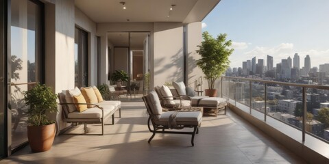 Sunlit modern condo balcony, luxury living space,  window,  steel