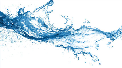 horizontal clear blue water splash captured mid-motion, white isolated background, clean lighting, zero shadow