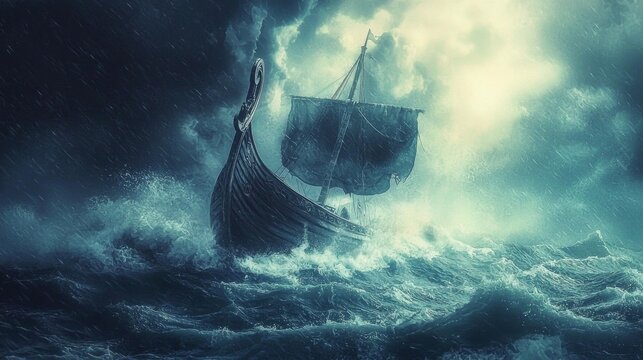 Viking ship navigating through a fierce storm at sea. 