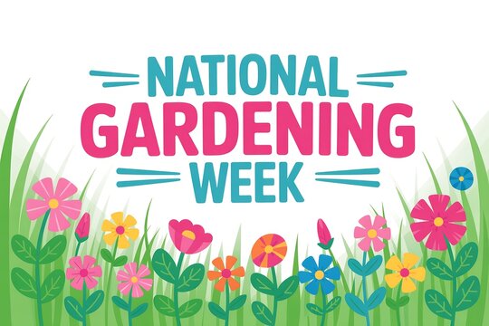 National gardening week celebration with flowers and grass in bright colors and bold lettering