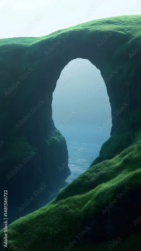 Aufkleber 緑豊かな崖と海の美しいアーチの風景 水の反射と沿岸地形が特徴的な静かな景観