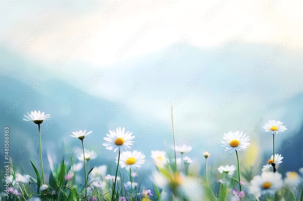 Poster 背景がぼやけた穏やかな山岳風景の中の白いデイジーの花のクローズアップ鮮やかな緑の牧草地と明るい日光に照らされた花のフィールド