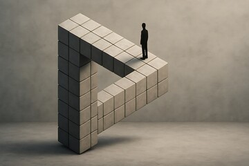 Surreal perspective of a person standing on an impossible penrose triangle abstract illusion art