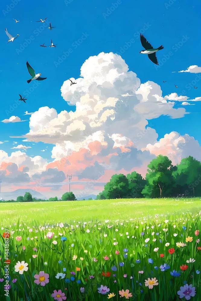 Poster 穏やかな草原の風景 ドット絵 青空と白い雲 花咲く牧草地を飛ぶ鳥たち 平和な夏の日のイラスト