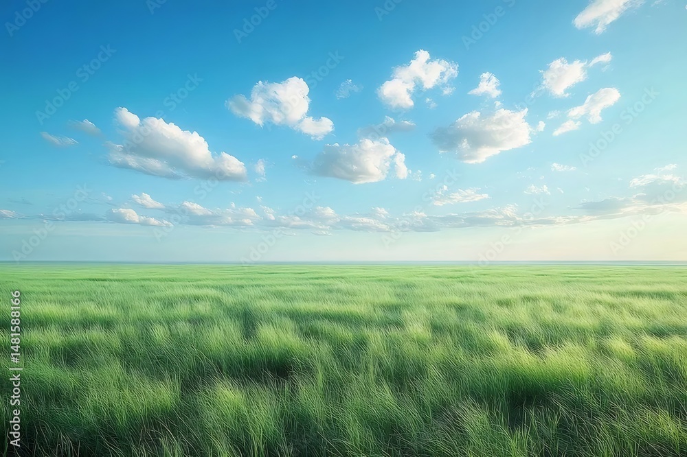 Poster 夏の日の青空の下で広がる緑の草原と白い雲が点在する平和な風景