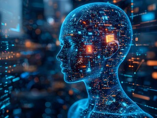 a woman ' s head with a futuristic city in the bac