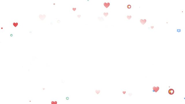 Social media icons (like, dislike, heart and hashtag) smoothly floating forward on a white background with open space at the center, evoking themes of communication, interaction and connectivity.