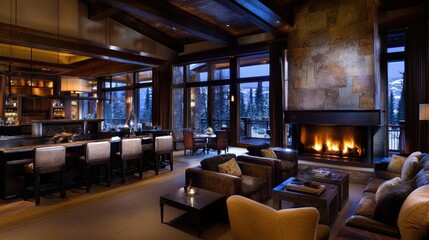 A luxurious cozy living room with a fireplace and bar