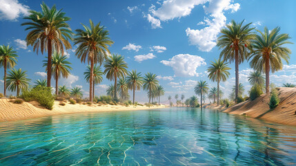 Serene oasis waterway lined with palm trees under a vibrant blue sky.
