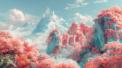 A majestic, surreal castle nestled amidst pink cherry blossom-covered mountains, with a snowy peak in the background.