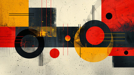 Abstract geometric design with bold colors and shapes on a textured background.