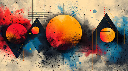 Abstract geometric shapes in vibrant colors with splatters.