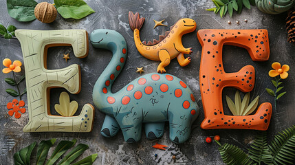 Cute dinosaur-themed letters "EZE" decorated with colorful icing and leaf patterns, arranged on a gray surface with various decorative elements.