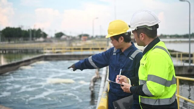 An inspector and a water treatment plant engineer are working together to plan a change in the treatment plant's water filter to bring the water up to state standards.
