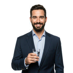 Man in suit holding glass of water isolated on transparent background