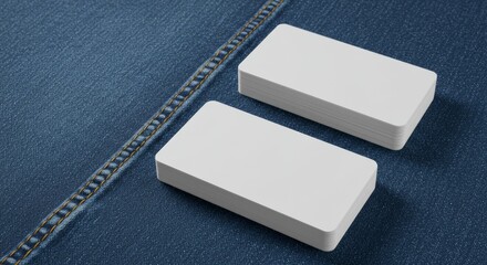 Stacks of blank business cards on denim fabric. Two stacks of white business cards resting on a dark blue denim surface with visible stitching.