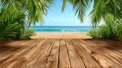 Tropical Beach View from Wooden Deck  Lush Palm Trees Frame Sunny Ocean Scene
