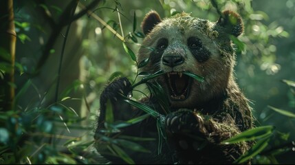 Obraz premium Panda munching bamboo in jungle