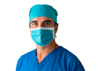 Portrait of male surgeon doctor wearing blue scrubs and surgical cap with face mask isolated on transparent background