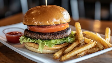 Top view of classic burger with lettuce and tomato, served with fries and ketchup