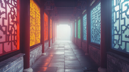 Fototapeta premium A mysterious foggy street illuminated by a soft light, narrow alleyway lined with traditional East Asian architecture, A gentle mist adds a mystical ambiance, enhancing the atmosphere of the scene.