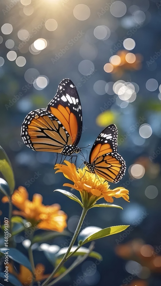 Aufkleber オレンジ色の蝶が咲く花の上にとまる様子を捉えたマクロ写真 晴れた日の庭で背景はボケ味になっており 優雅で自然な美しさが際立つ