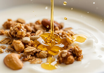 Honey drizzled over yogurt granola