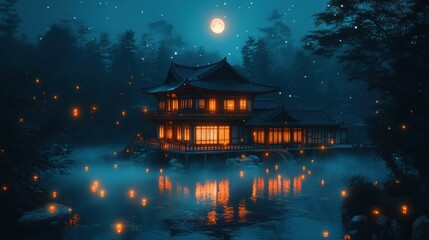 Obraz premium Mystical Asian Pavilion at Night