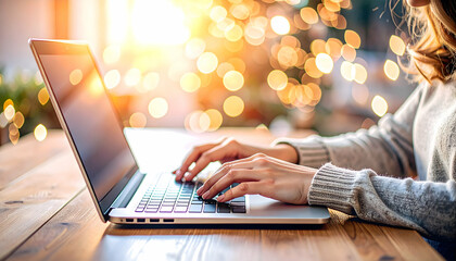 Close Up of Person Typing on Laptop Keyboard with Bokeh Lights and a Woman in Gray Sweater and Soft Warm Light
