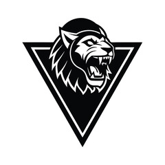 Bold black and white lion head graphic illustration inside of a triangle symbol representing strength and power