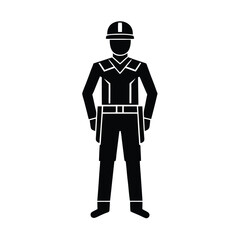 Flat black silhouette of a construction worker wearing safety gear and hard hat in simple minimal style