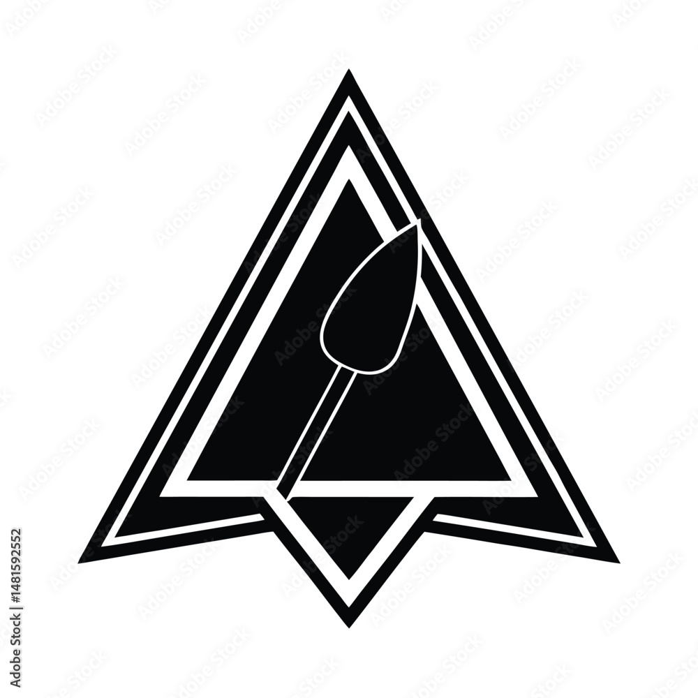 Poster abstract geometric design featuring a stylized object within a black triangle shape on a white backg