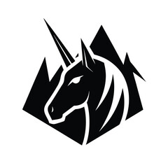 Elegant black and white unicorn head illustration with horn and mane stylized design suitable for logos and branding