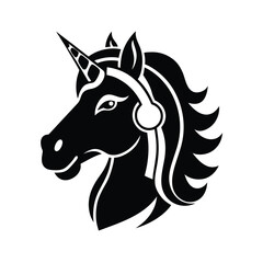 Silhouette of a majestic unicorn head wearing headphones representing music or sound entertainment