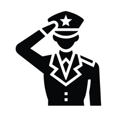 Black and white graphic illustration of a saluting military officer with star on hat and uniform