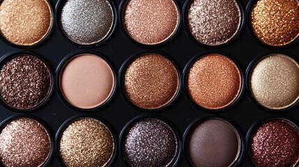 Palette of shimmering eyeshadows in assorted warm metallic colors, artistic display