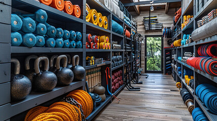 Well-stocked gym equipment storage room with various exercise tools neatly arranged on shelves.  Interior view showcasing colorful exercise mats, weights, and ropes.  Rustic design elements.