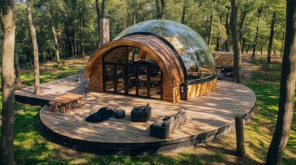 Luxury log cabin with a glass dome in the woods: a modern architectural marvel blending nature and comfort ideal for vacation rentals and sustainable living concepts 