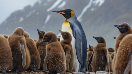 A king penguin stands guard over its fluffy young.  A group of brown, downy chicks huddled together. Rain falls on the scene against a backdrop of misty mountains