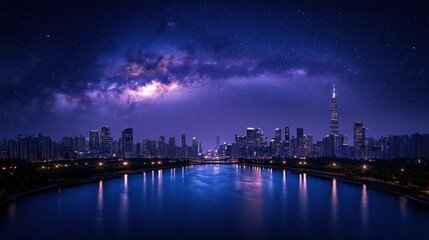 Fototapeta premium Night city skyline reflected in a river, with a vibrant Milky Way