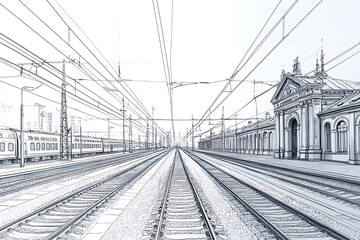 A panoramic railway scene drawn in fine lines depicting multiple tracks converging at a grand train station