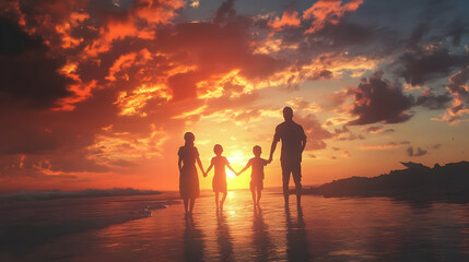Fototapeta premium Family Walks on Seashore Holding Hands Against Vibrant Sunset Sky and Shoreline Together, Vacation.