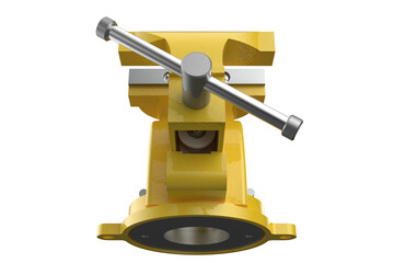 Yellow multipurpose bench vise, with an open jaw position. Tool is isolated on a PNG Transparent HD Background. High resolution image.