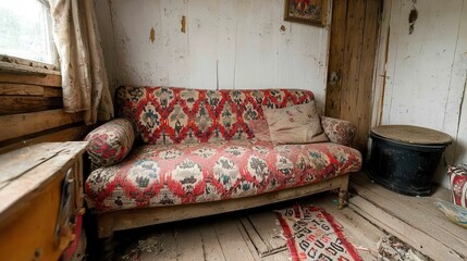 Rustic Room Interior with Vintage Red and Beige Patterned Sofa
