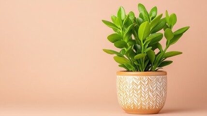 Fototapeta premium Healthy Jade Plant in Beige Pot Against Peach Background