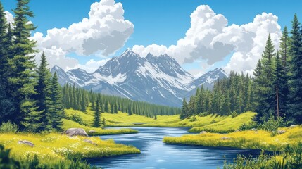 Serene mountain vista with clear river and vibrant meadow landscape depiction