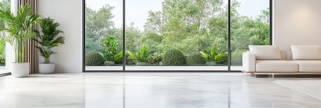 Modern minimalist living room interior clean design with a garden view through large sliding glass doors bright airy space with plants couch marble floors and natural background