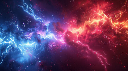 Abstract energy clash of vibrant blue and red lightning bolts.