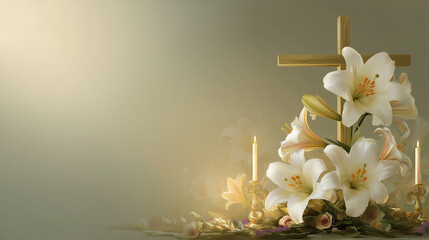 catholic church altar decorated with white lilies and burning candles, large cross standing in the middle of the background, gradient background from gold 