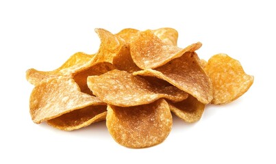 Crunchy potato chips piled isolated on white background 